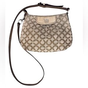 Coach Signature C Khaki & Gold Leather Strap Trim Crossbody Bag
